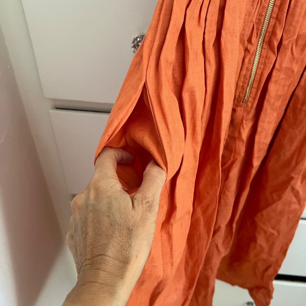 Mon Renn Papaya Linen Midi Dress Cutout Smocked Strappy Slit Size 8 - Picture 7 of 10